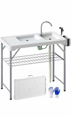 Outsunny Folding Fish Cleaning Table with Sinks, Portable Camping Sink Table with Faucet, Drainage Hose, Sprayer, Shelf, Drawer and Storage Basket, Ou