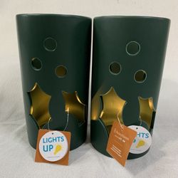 LED Green Ceramic Tea Light Lamp Lights Up Decoration Holiday Lantern With Batteries 
