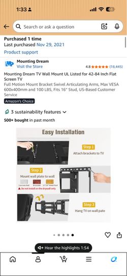 Heavy Duty Swivel TV Wall Mount - Fits 42-84 inch TVs (16" Studs)