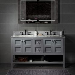 SYDNEY 6021-GY   60" L x 21" W x 33" H;60"Bathroom Vanity with authentic Italian Carrara Marble top 8" faucet holes|Double Rectangle Undermount Sinks|