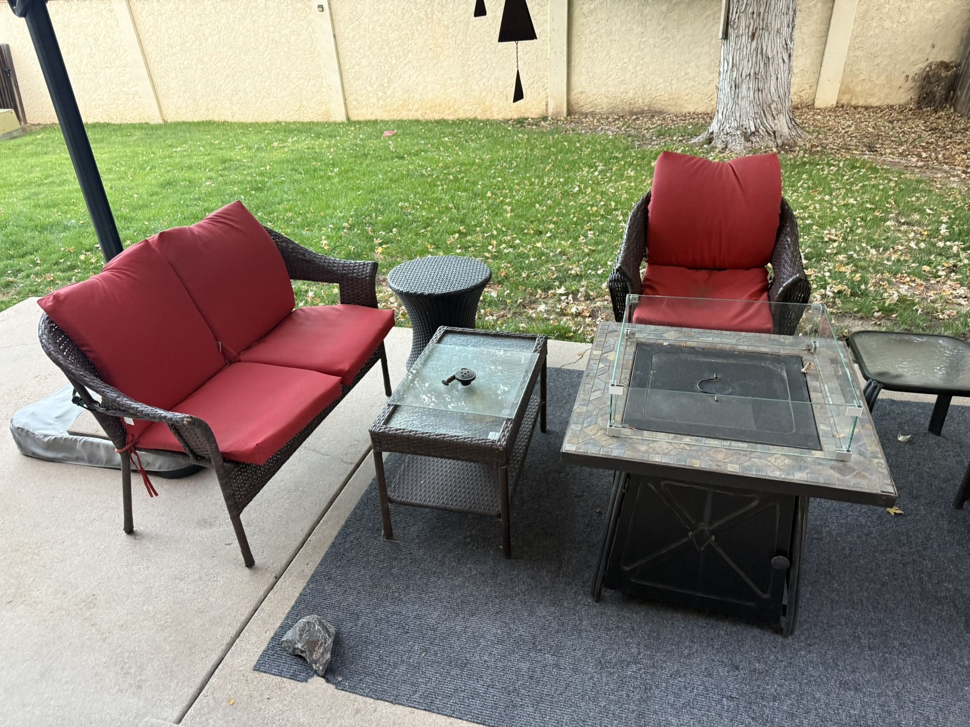 Patio Furniture  Loveseat, 4 Chairs, End table, glass coffee table
