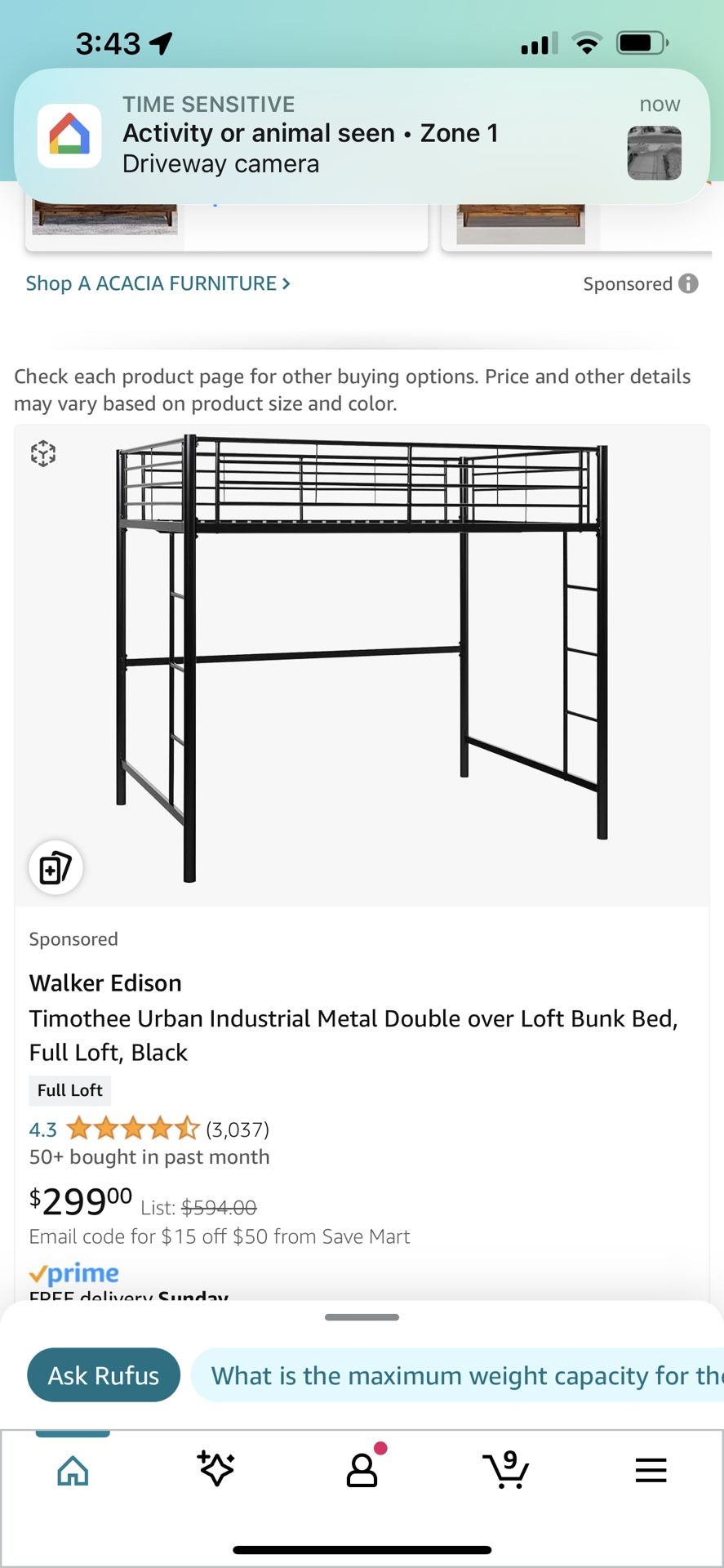 Walker Edison Double/loft Metal  Bunk Bed Black 