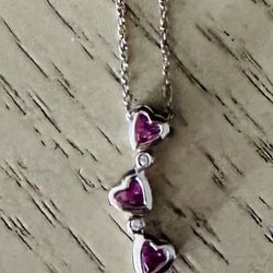 New Solid White Gold & Pink Ruby Heart Necklace W/ Attached White Gold Chain!