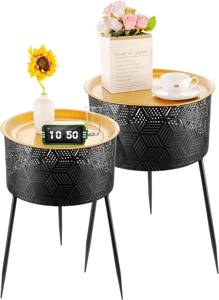 JEROAL Round Side Table Set of 2, End Table with Durable Iron Legs Support, Small Side Accent Table with Storage for Living Room Bedroom Outdoor and S