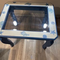 Upcycled costal beach blue wood glass side table