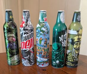 Lot of 5 Mountain Dew Aluminum Green Label Art Collectors Bottles 2008-09