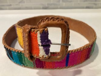 Colorful Handmade Tooled REAL Leather & Weave Guatemalan Belt Mayan SZ M/31