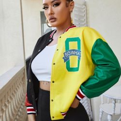 SHEIN SXY Letter Graphic Drop Shoulder Colorblock PU Leather Varsity Jacket XS