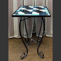 Small Indoor Outdoor patio deck side table, wrought iron mosaic plant stand, accent table 