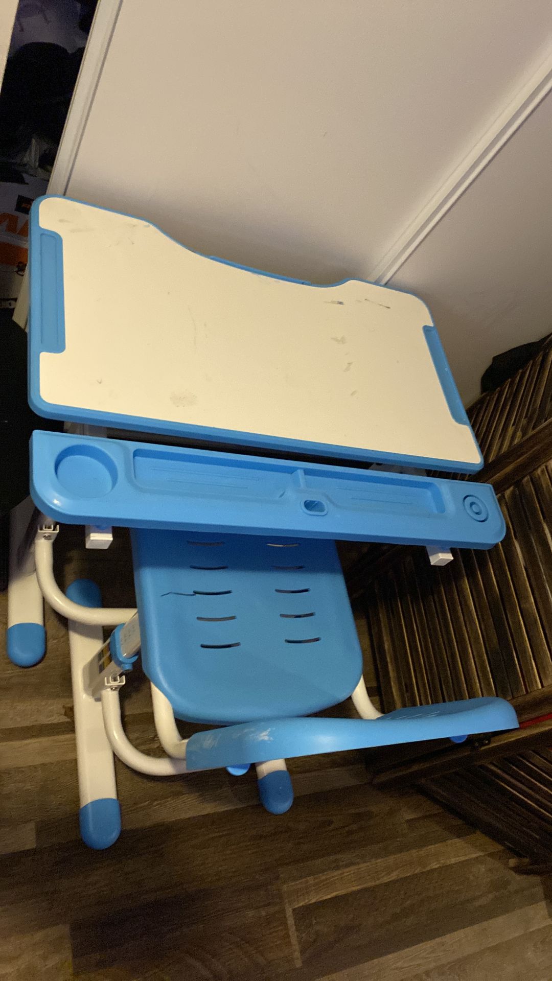 Blue and white kids desk and chair