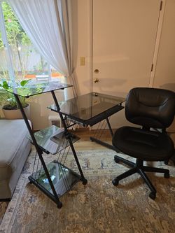 Glass Top PC Desk (dark black glass) With Side Shelves