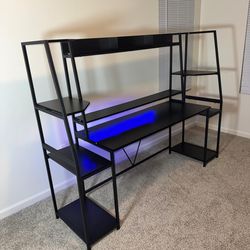 Black Gaming Desk with Shelves and LED Lights
