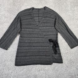 Eileen Fisher Wrap Sweater Gray Black Stripe Tencel Wool Lightweight Layer 