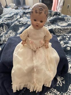 Vintage 1930s–1940s Composition Baby Doll in Christening Gown