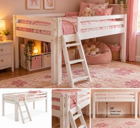 White Wood Twin Low Loft Bed with Ladder
