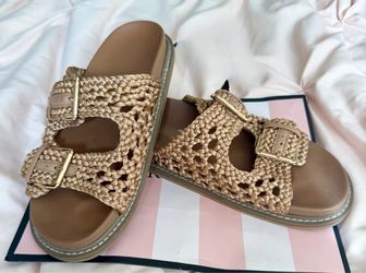 Woven Double Buckle Slide Sandals