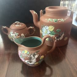 Antique Chinese Yixing Tea Set: Enamelled Flowers & Birds, Zisha Ware, 19th Century