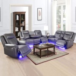 New Grey Air Leather Power Reclining Set With Led Lights And Cup Holders 