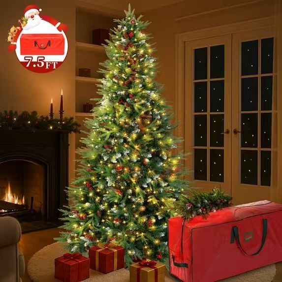 7.5ft Pre-Lit Artificial Christmas Trees,Green Xmas Tree with Large Christmas Tree Storage Bag,Pinecones, Berries, Realistic Artificial Christmas Tree