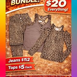 🔥 Cheetah Print Outfit Bundle (Jeans + 2 Tops) – Only $20!