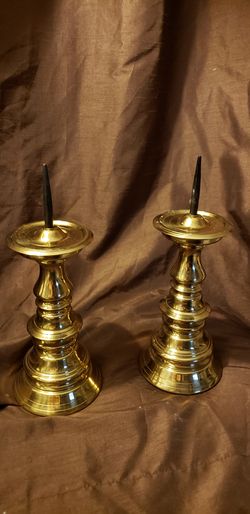 2 vintage pillar spike candlesticks brass