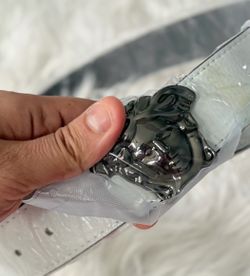 White Women’s Statement Belt with Gunmetal Medusa-Style Buckle