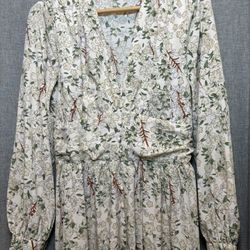 SHEIN Long Sleeve V-Neck Dress With Light Floral Print Brown Branches Large 