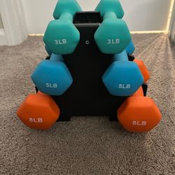dumbell set, color coated 3,5,8 lbs