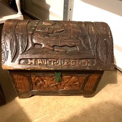 Large Haitian 2004. Wood Engraved Large Box Some Wear 11deepx16 wx1ft h