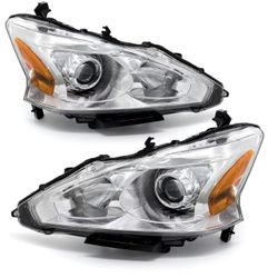 🥨Headlight Assembly for 2013-2015 Nissan Altima Only fit 4Door Clear Lens Chrome Housing with Amber Reflector Headlamp Replacement Left and Right Pai
