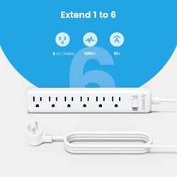 Flat Plug Power Strip, ORICO Power Strip Flat Plug 175J Grounded 6 AC Multiple Outlets Power Strip with 5FT Extension Cord for Home, Office, Travel, C