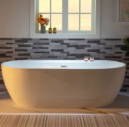 B0059，72" Acrylic Freestanding Bathtub Contemporary Soaking White Tub with Brushed Nickel Overflow and Drain