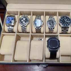 Watch Collection  - Gucci,  ESQ (Movado), Bulova,  Citizen, Fossil,  Timex x6 Watches & Case