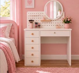 Vanity Desk with Mirror and Lights, Adjustable Color Lighting Bedroom Dresser