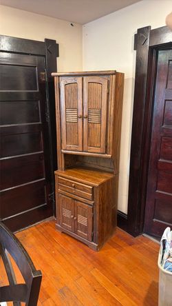 Vintage Oak Wood Storage Cabinet with Drawers & Doors