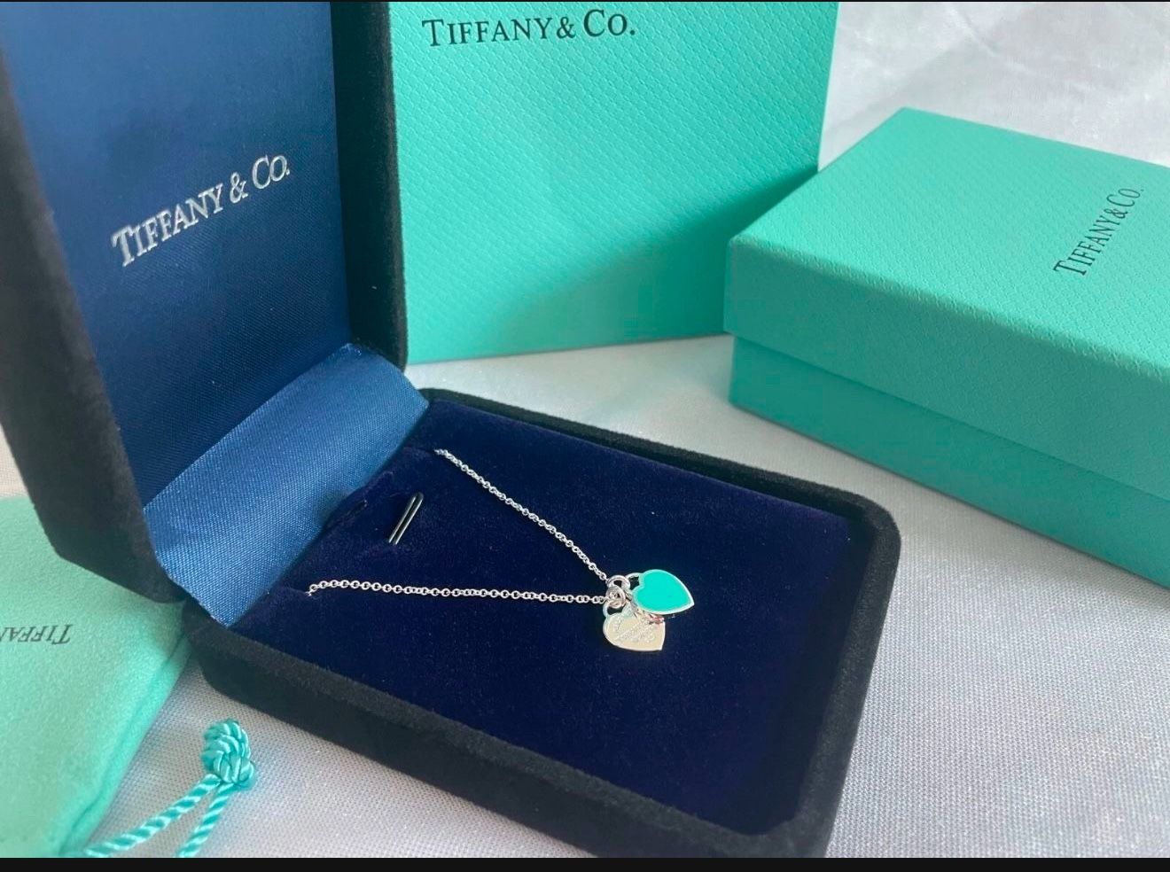 Tiffany & Co. Necklace Silver Tone Blue Mini Double Heart Tag Pendant