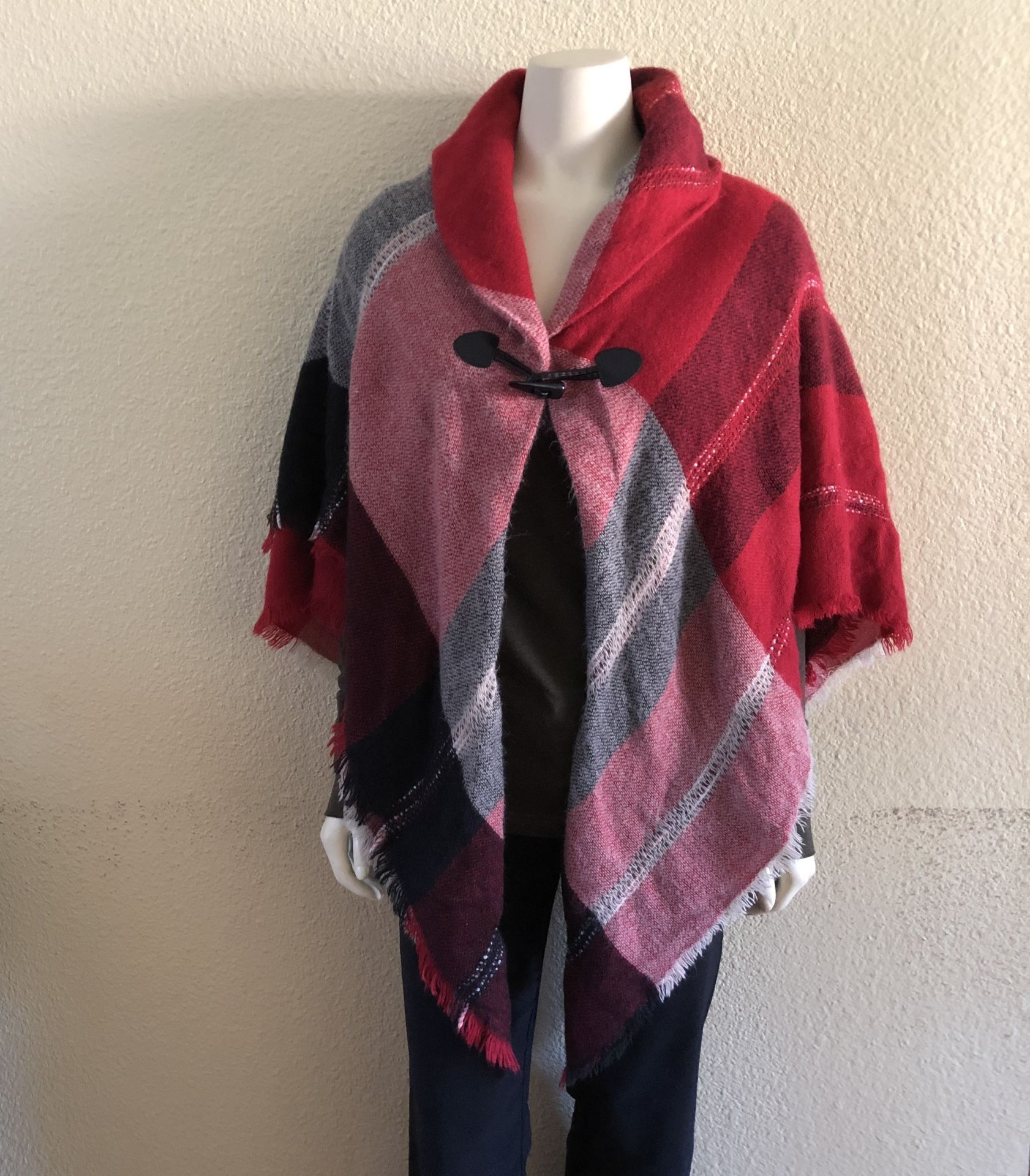 Red Plaid Blanket Style Poncho