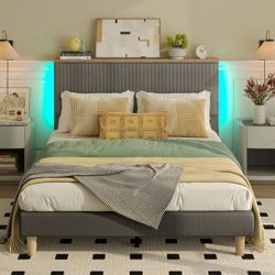 Queen Platform Bed with Adjustable Storage Headboard Shelf, LED Corduroy Upholstered Bed Frame, Gray