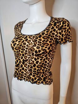 ANTISTAR Leopard Print Scoop Neck Ruffle Detail Women’s Top Brown/Black Size S