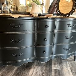 Vintage Black French 9 Dr Dresser W/ Mirror 