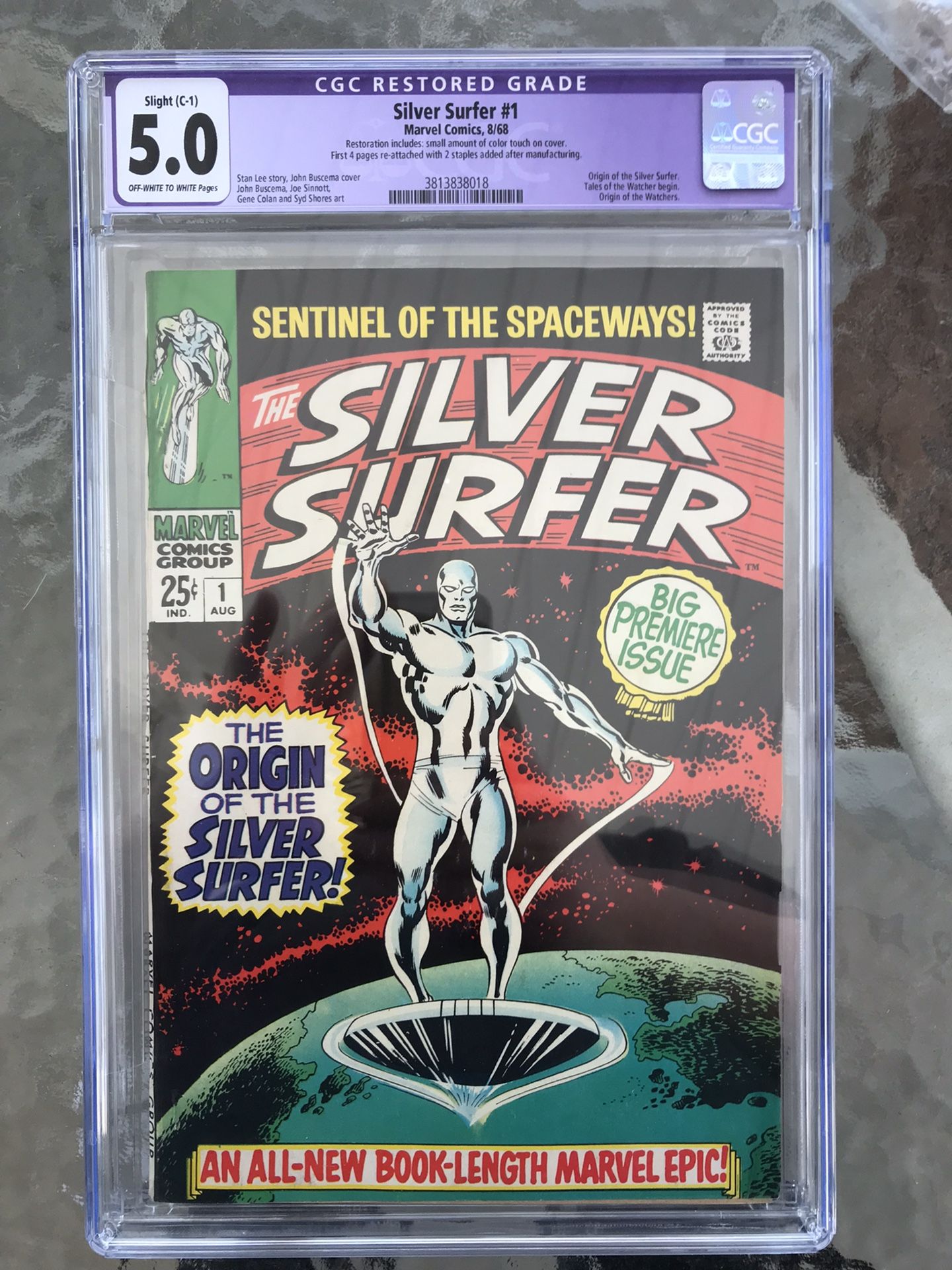 Silver Surfer #1 (1968) CGC 5.0 — O/w to White; Origin w/ Watchers; Restored