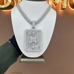 925 Sterling Silver With VVS Moissanite Custom Poker King Pendant And Miami Cuban Chain