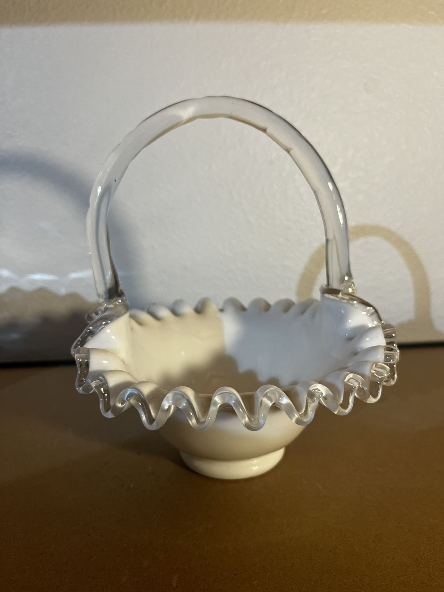 Vintage Fenton Milk Glass Ruffled Basket Candy Dish Bowl With Bamboo style Handl