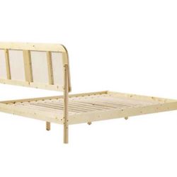 Boho Beige Solid Wood Frame KING  Platform Bed with Rattan Headboard Insert