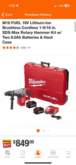 Milwaukee M18 Fuel lithium-ion brushless cordless 1-9/16in SDS max rotary hammer kit with two 8.0ah batteries and hard case