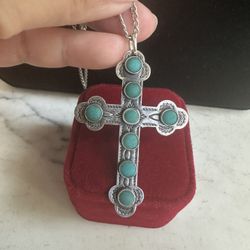 Vintage Large 925 Sterling Silver W/ Genuine Turquoise Cross Necklace , Native Am. Embossed, Marked Sterling , 925 26 In Chain,  2.25 In. Long 