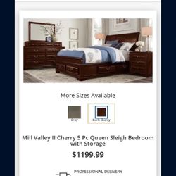 Queen Cherrywood Sleigh Bed Set For Sale