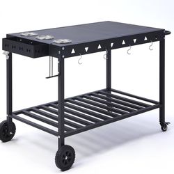 Portable Outdoor Grill Table with Wheels, Heavy-Duty Griddle Stand Grill Cart with Shelves,Towel Holder, Spice Pots & Bottle Opener, Multi-Functional 