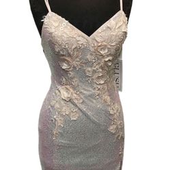 Blush Breeze blush pale pink sequin dress with 3-D floral appliqués, size 2 NWT  Small slit in front with sexy strappy back.  Back zipper. Great optio