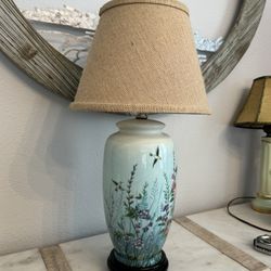 Beautiful Vintage Teal Blue Lamp w/Hand Painted Birds and Burlap Shade